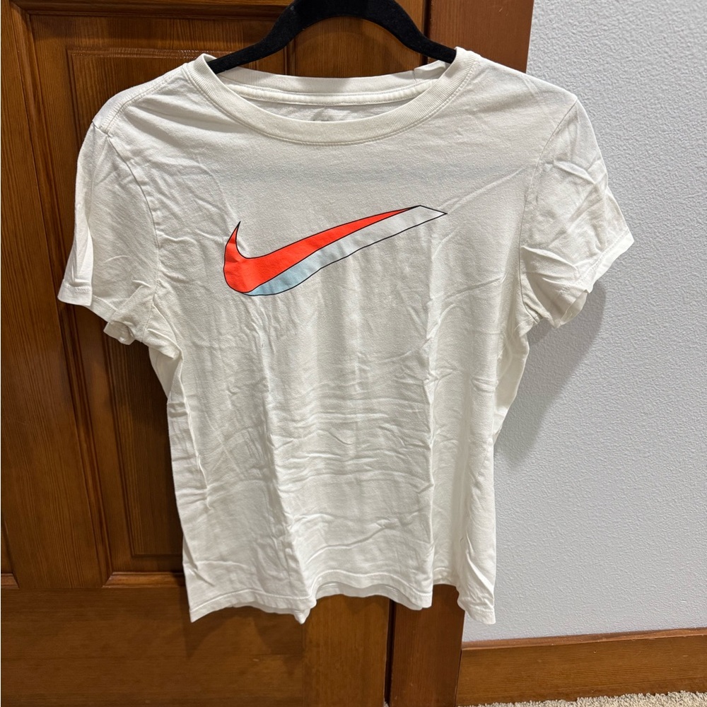 Nike Women's Cream Tee with Red and Blue Swoosh